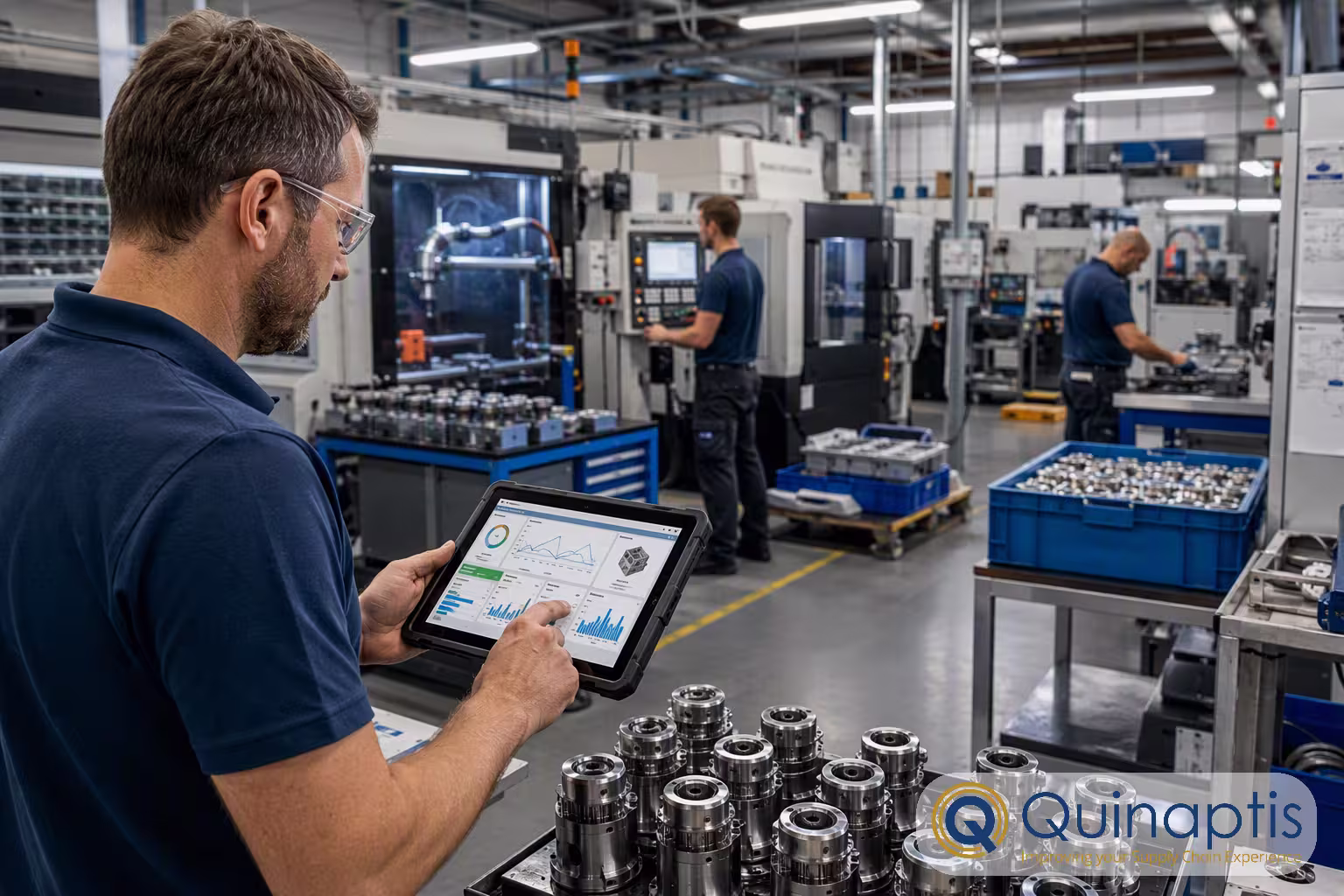 Production operator monitoring real-time manufacturing performance with QWIX MES